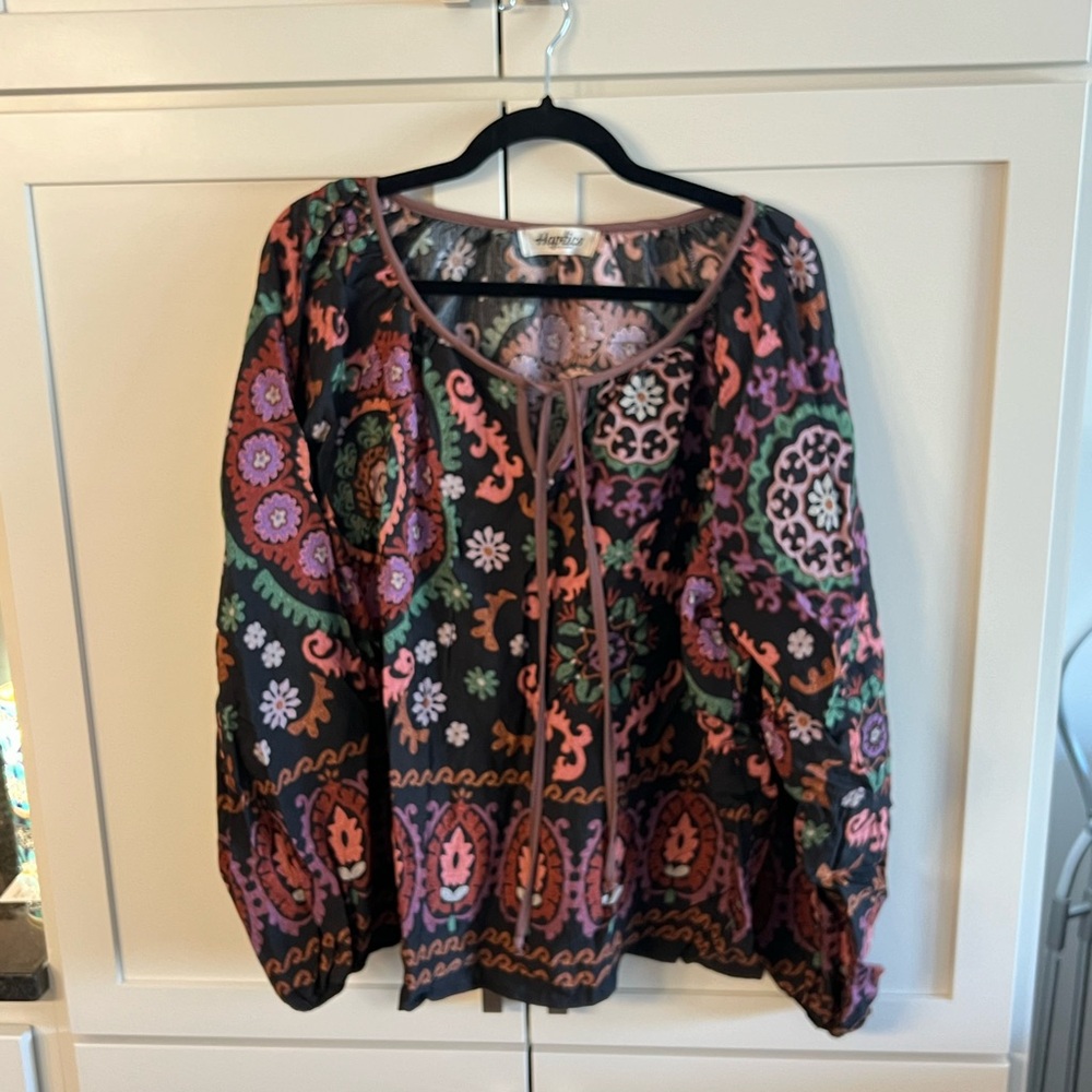 Haptics Blue and Pink Graphic Tie Front Blouse